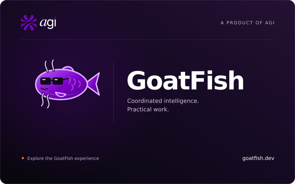GoatFish, a product of AGI, featuring the GoatFish symbol in AGI purple.